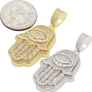 14k Yellow/White Gold Plated AAA Cubic Zirconia Evil Eye Hamsa Hand Pendant