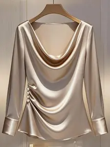 Elegant Plus Size Women's Fall Winter Long Sleeve Shirt Blouse, Fashionable for Dating and School Season, Decorative Button Design