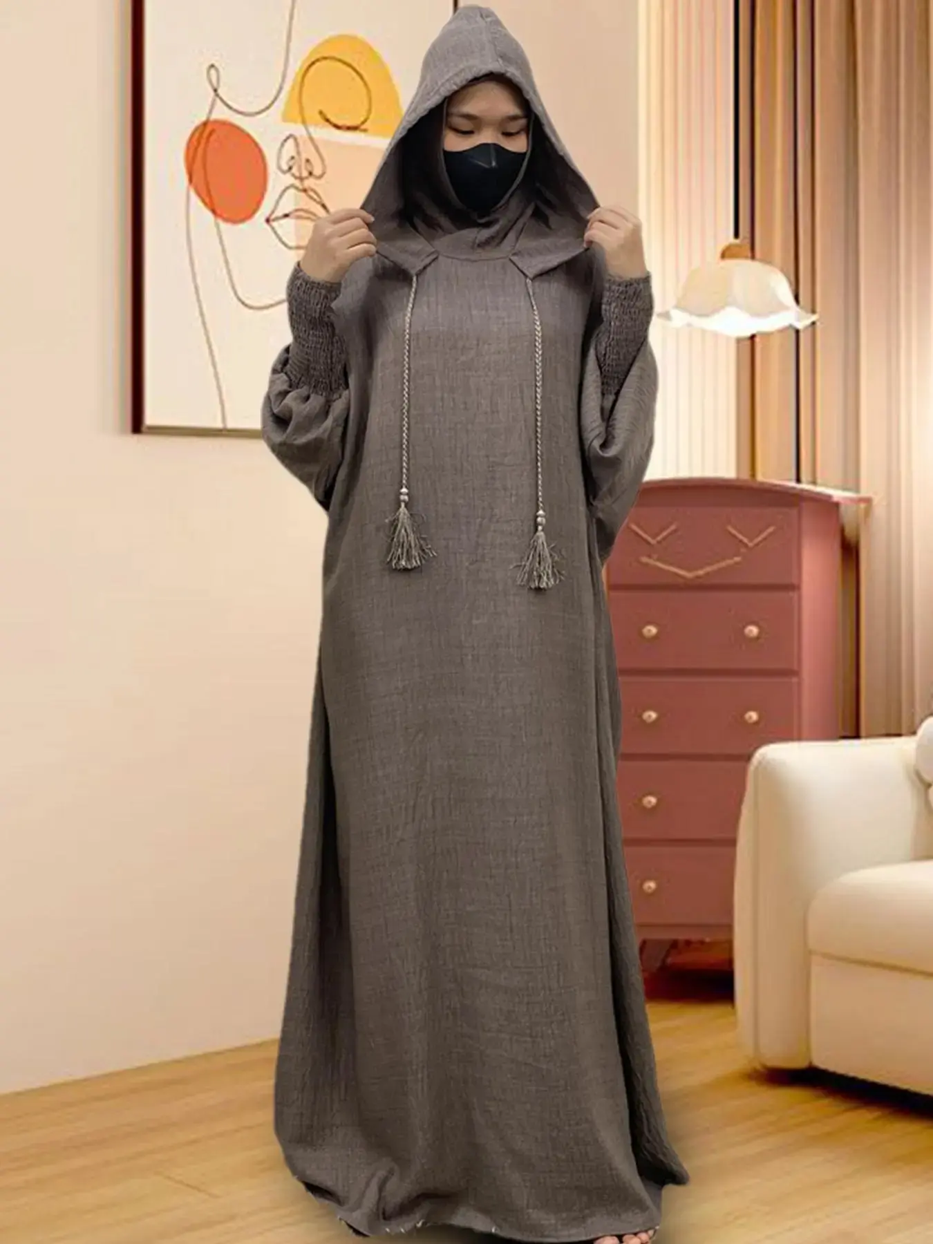 Women's Solid Double Hooded Modesty Islamic Abaya without Hijab, Modest Muslim Outfits, Modesty Muslim Clothing, Casual Long Sleeve Open Front Long Dress for Daily Wear, Ladies Sleepwear & Loungewear for All Seasons