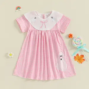 Toddler Baby Little Girl Halloween Dress Ghost Bow Embroidered Plaid Short Sleeve A Line Dress Fall 2-6 Years