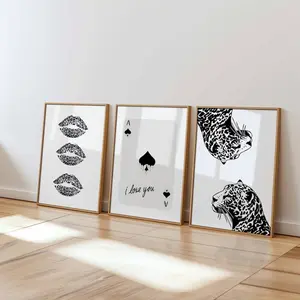 trendy retro art set funky y2k wall art, leopard definition bundle setof 3 aesthetic wall art cute apartment decor playing cards print