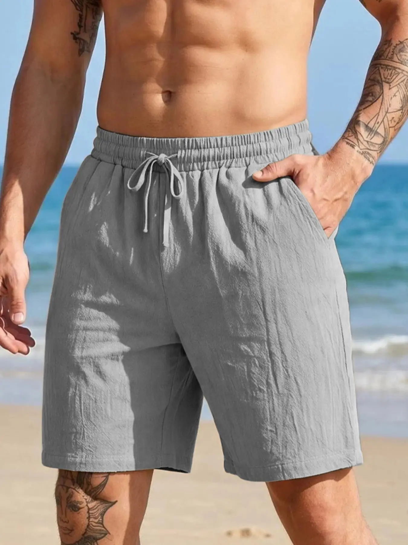 Men's Casual Sporty Aesthetic Plain Linen Shorts, Summer 2026 New Arrival, Elastic Drawstring Waist, Comfort Breathable Beach Shorts