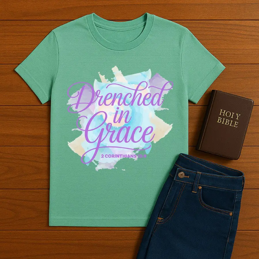 Drenched in Grace Tee - Unisex Casual Summer Outings 100% Combed Ring Spun Cotton Soft Breathable Fabric Lightweight Year Round Wear Perfect for Casual Outings Fellowship Gatherings or Quiet Reflection