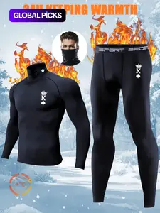 2pcs Men's Ultra High Neck Winter Thermal Underwear Set – Warm Soft Top & Pants with Print, Skiing Base Layer, Athletic Training, Running & Outdoor Sportswear