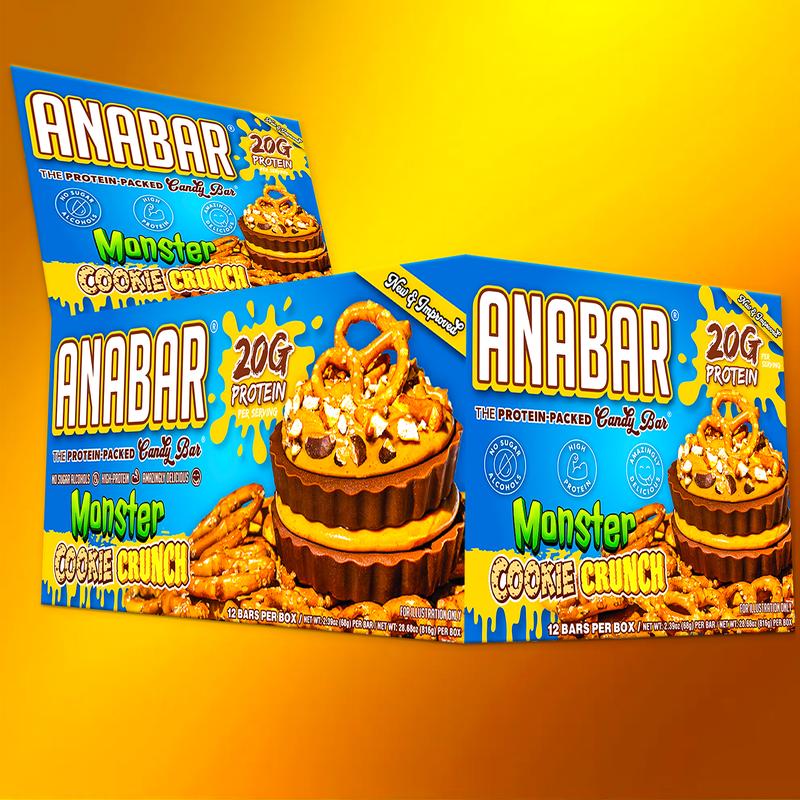 Anabar Monster Cookie Crunch - 12 Pack - Best Tasting Protein Bar with 20g Protein & No Sugar Alcohols - Chocolate Snack with Peanut Butter Candy Pieces