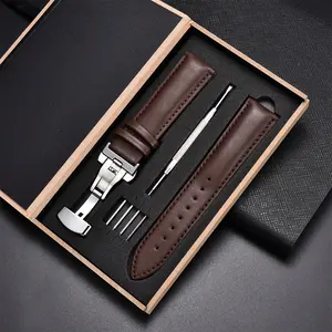 Business Soft PU Leather Watch Strap with Butterfly Buckle Gift Box Men's Watch Strap 18 20 22 24mm