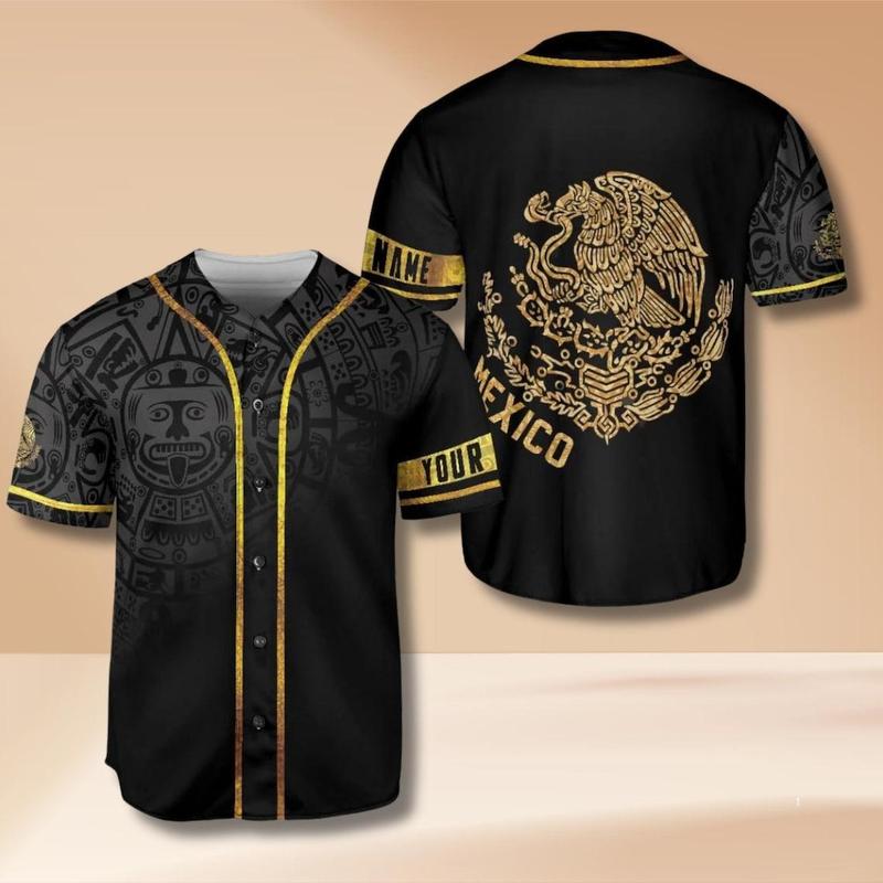Mexico Aztec Black Gold Baseball Jersey with Eagle Crest – Custom Name Personalized Mexican Pride Heritage Shirt 3D Print Gift for Men Women -  Men's Sportswear for Training & Competition