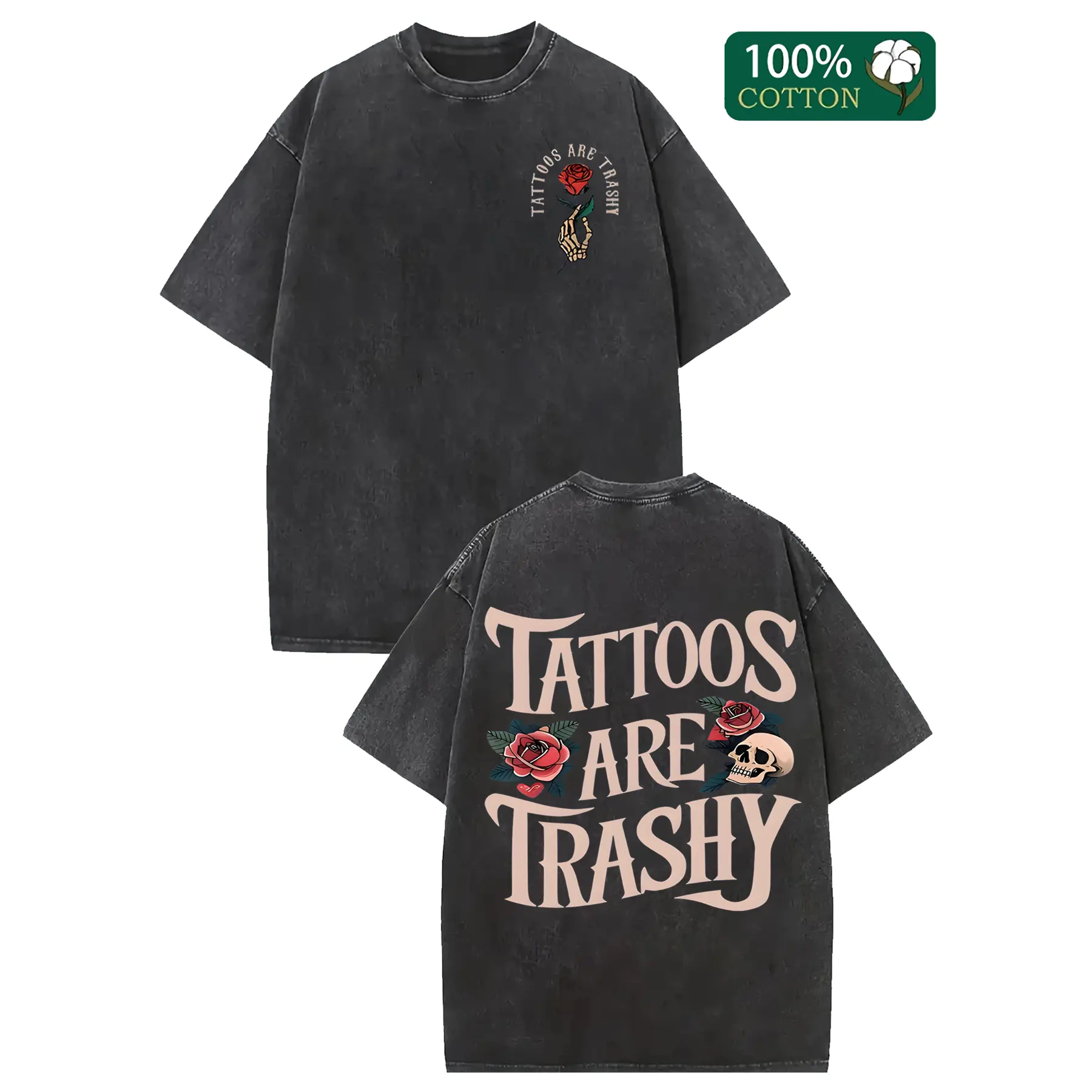 Men's Vintage Charm Cotton Short-Sleeve T-Shirt - Menswear Streetwear Top, Vintage Washed, "Tattoos Are Trashy" Graphic, Drop Shoulder, Round Neck, Machine Washable, Ideal for Casual Urban Wear, Knitted, Elastic, Fabric, Loose, Sleeved, Drop Shoulders