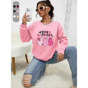 Women's Halloween Themed Cartoon Ghost & Letter Print Drop Shoulder Sweatshirt, Casual Long Sleeve Round Neck Pullover for Daily Wear, Ladies Fall & Winter Clothes