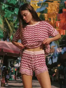 Women's 2-Piece Set Fashion Sexy Striped Bikini Swimsuit Cover-Up Sun Protection, Boho Style Short Sleeve Loose-Fit Beachwear