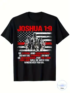 Firefighter T-Shirt Featuring The Thin Red Line And The Bible Verse Joshua 1:9 - A Design That Combines The American Flag with a Firefighter Silhouette