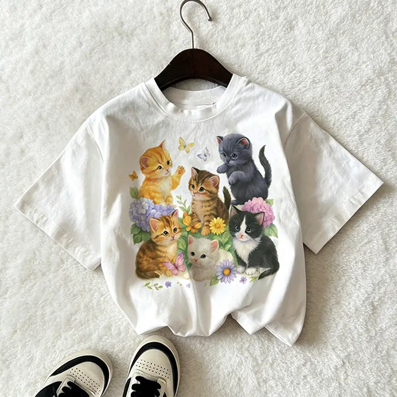 Cute Kitten Garden Tee | Vintage Floral Cat Graphic Tee,Whimsical Cat Garden Tee | Soft Girl Floral Kitten Top Casual Everyday Womenswear