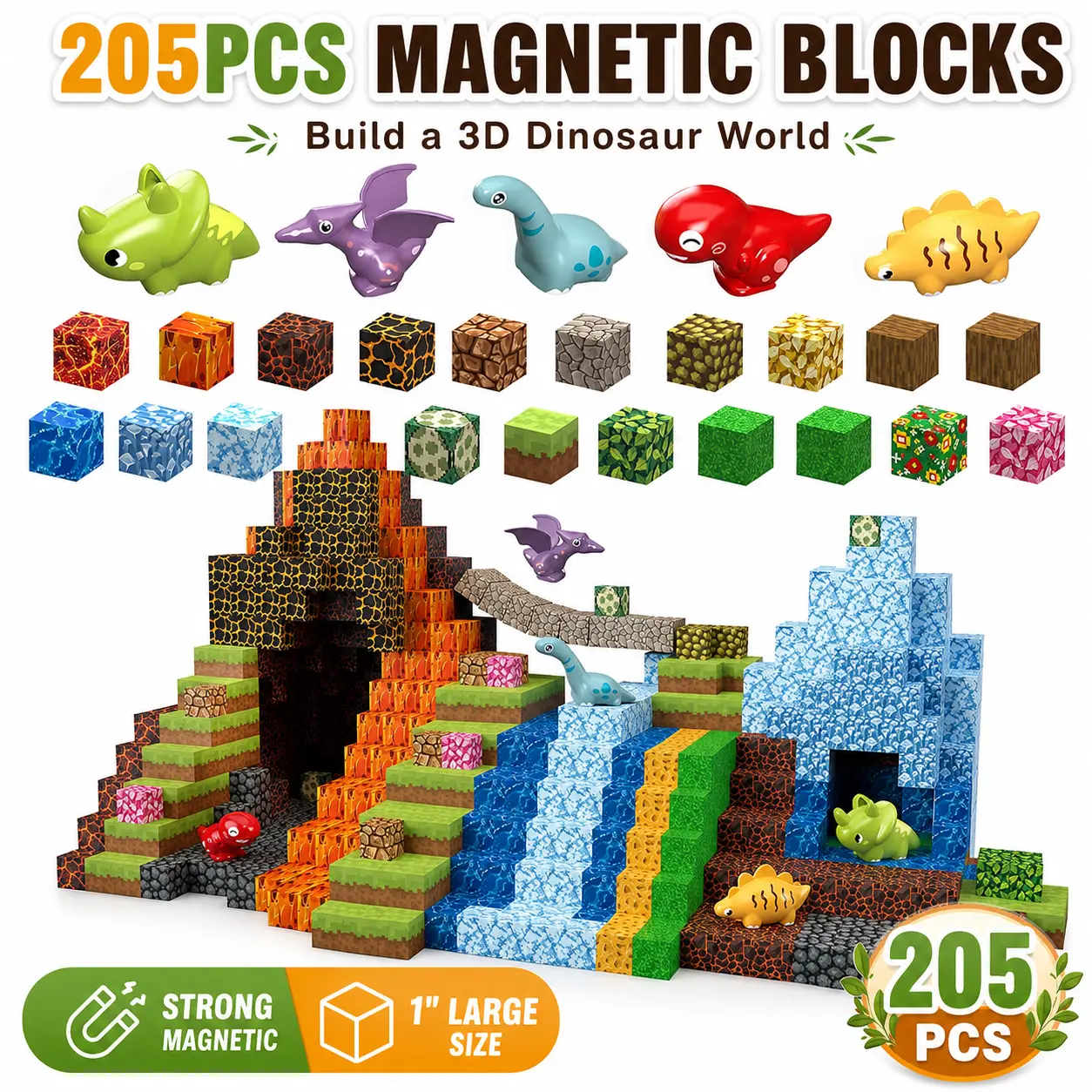 205 Pieces Unisex Dinosaur Magnetic Building Set for Kids 3+, 1-inch Compatible Size 3D STEM Building Toy with Stability, Creative Perfect Gift, Waterproof