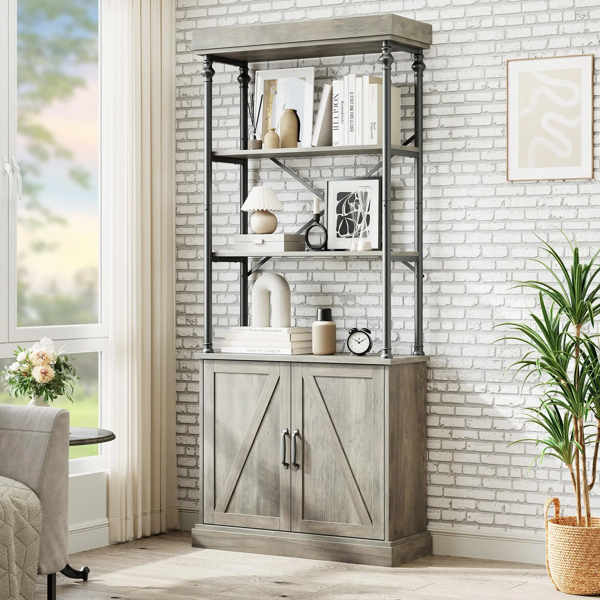 Gray Industrial Chic Metal & Wood Bookshelf with Doors - Large Freestanding Height-Adjustable Bookcase with Layered Dark Wood Shelves, Caster Wheels & Cupboard for Living Room, Office