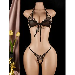 Sexy Lingerie Lace Three-Point Style Black No-Take Off Seduction Valentine's Day New Pajamas Date Gown Bed Passion Set Women's Sexy Lingerie and Panties Includes: Lingerie + Panties Fabric Womenswear Knit Solid