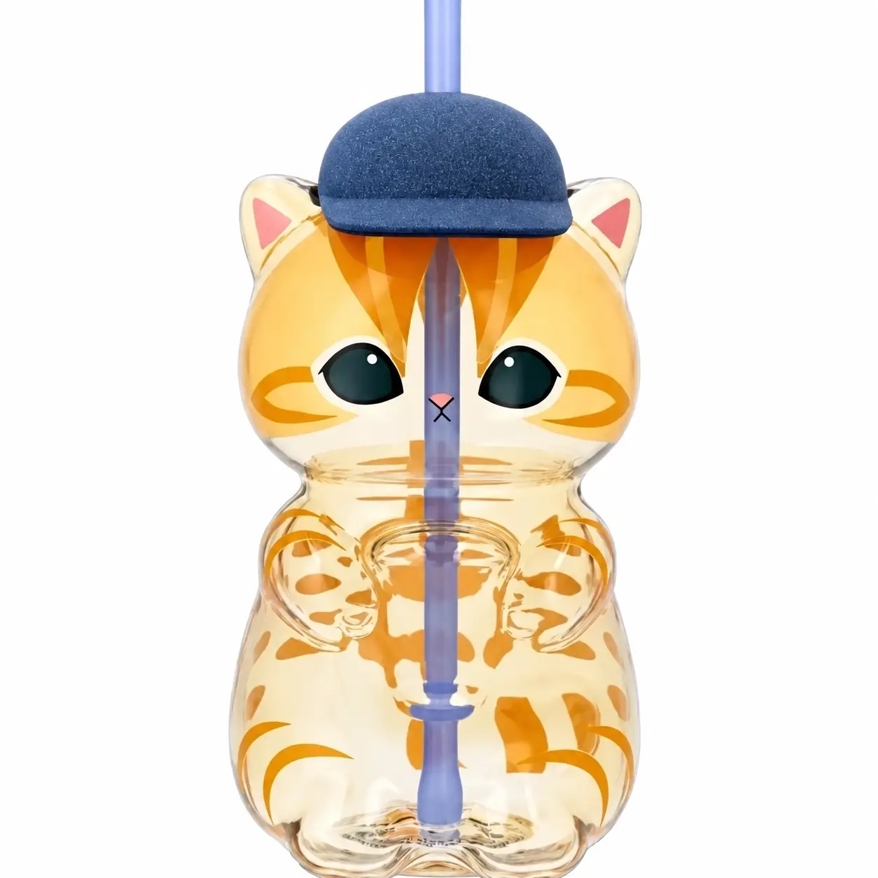 Cute Cat Design Water Bottle with Straw and Blue Cap for Kids and Adults