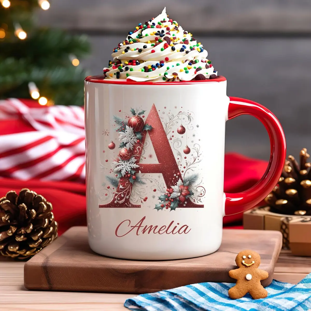 Christmas Coffee Mug Personalized With Name — Initial Cup For Friends, Holiday Gift For Bff, Coworker, Family, 11 15oz Ceramic Letter Hot Chocolate Mug