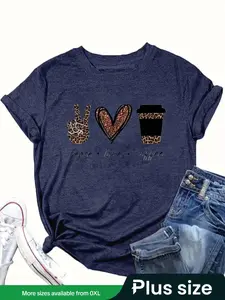 【Plus Size】 Cartoon Coffee Cup & Heart Print Round Neck Tee, Cool Graphic Tee, Fashion Casual Crew Neck Short Sleeve T-Shirt for Daily Outdoor Wear, Women Clothing for Summer