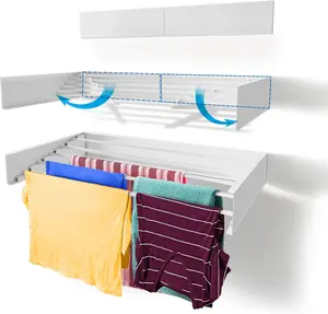 28-INCH White Wall Mounted Retractable Clothes Drying Rack, 40lbs Capacity 11.6 Linear Ft, Comes with Wall Template and Long Screwdriver Bit