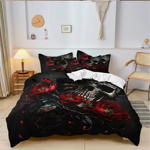 3-Piece Skull Rose Bedding Set, Valentine's Day Quilt Cover + 2 Pillowcases, High-Definition Print, All-Year Home Decor, Decorative Bedding Set