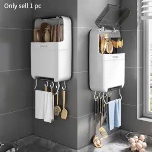 Home Kitchen Chopstick Holder with Lid, Dust-Proof, Towel Rod with Hook, Wall-Mounted Chopstick Basket, Utensil Organizer, No Nails Needed