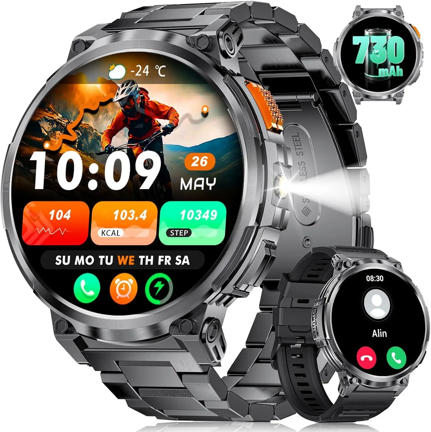 Smart Watch with LED Flashlight 1.85inch SmartWatch 730mAh Large Battery 114 Sports Modes Fitness Watch Sleep Tracker Tactical Sport watch Man Clock B