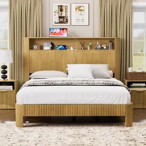 [Bellemave]Full/Queen Size bed frame with storage headboard, built-in charging station, wavy curved lines design, silent operation, metal support, Walnut