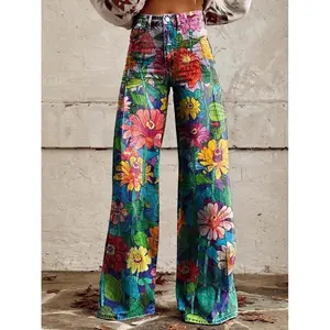 2025 women’s new high-waisted wide-leg printed flared pants — casual baggy long jeans for fall; denim fashion straight-leg jeans that can be worn with a raincoat