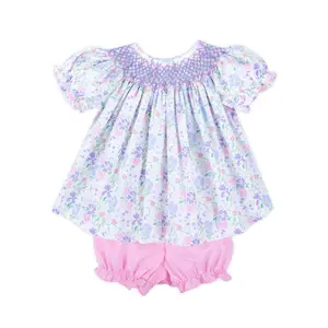 Poppy Floral Smocked Bloomer Set - Girls Shorts Outfit with Colorful Spring Flowers