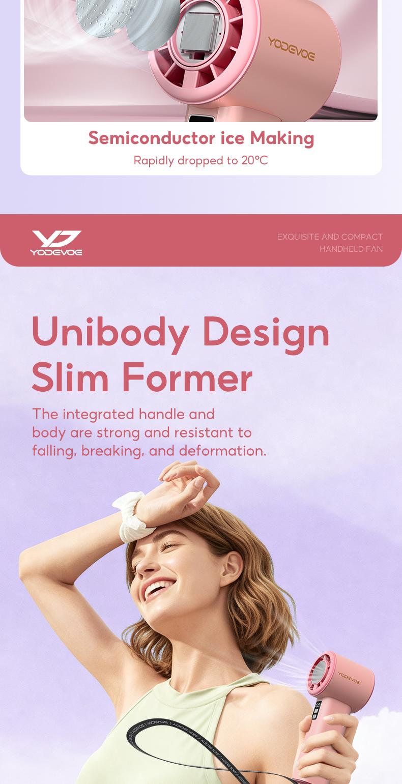 The Yodevoe 3-in-1 Mini Handheld Cooling Fan features 100 wind speeds and an icing function. This compact, foldable 3-in-1 neck/desktop/handheld fan has a pocket design, making it suitable for travel, summer, concerts, and even for casual use.