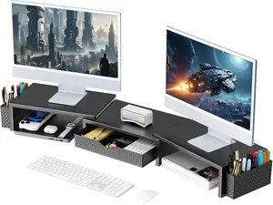 Dual Monitor Stand Riser, Desk Organizer With Drawer and 2 Pen Holders, Computer Monitor Stand, Desk Shelf for Top of Desk, Balck