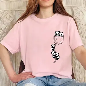 Women Short Sleeve Top Summer New Pocket Panda Cartoon Printed T-shirt Korean Fashion Women Tops Loose Round Neck T Shirt Women Casual Crewneck
