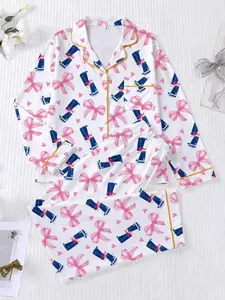 Women's Sleepwear Set, Bow Print Pajamas, Comfortable Lapel Long Sleeve Top and Long Pants, Soft Nightwear for Women, Casual Home Loungewear