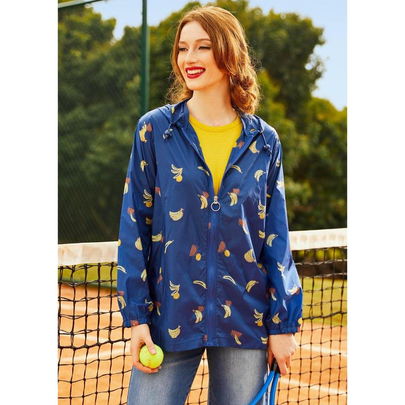 ModCloth Mind at Breeze Windbreaker Jacket with Pockets, Hood, Zipper Front, Water Resistant, Banana Fruit Print - Navy Blue (XS-4X)