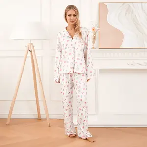 Women Pajamas Lounge Set Strawberry Print Turn-Down Collar Long Sleeve Shirts Tops and Pants 2 Piece Loungewear Outfits Nightwear