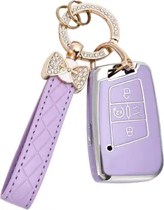 Key Fob Cover for Volkswagen with Keychain, Soft TPU Protection Key Case for VW Tiguan Atlas Taos SEL Jetta GLI Passat Arteon Golf Alltrack Remote Start Smart Key (Purple)