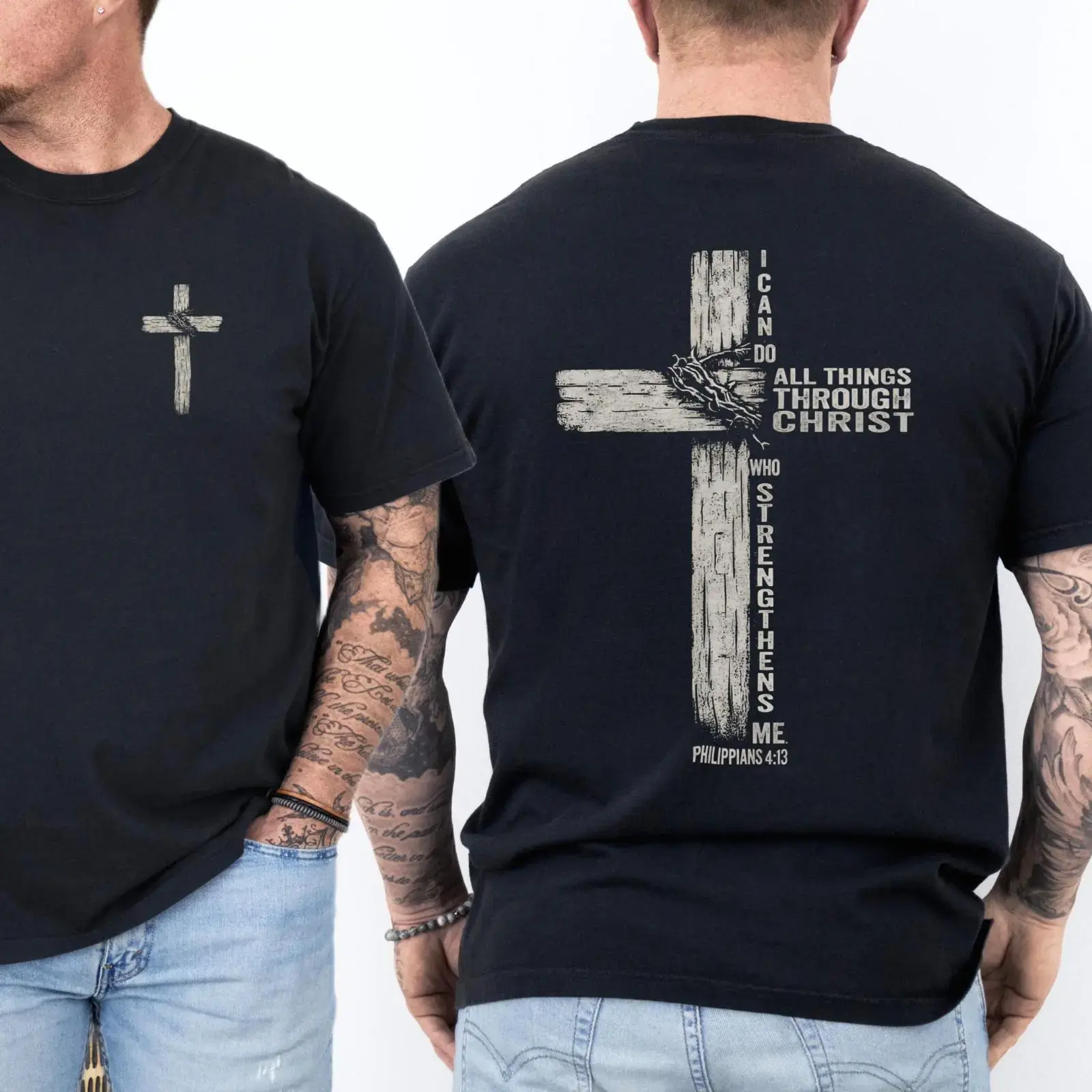 Men's Cotton Fabric T-Shirt - Double Sided Faith-Inspired Statement, Philippians 4:13 Christian Print, Classic Fit Short-Sleeve Tee, Top, Men's T Shirts