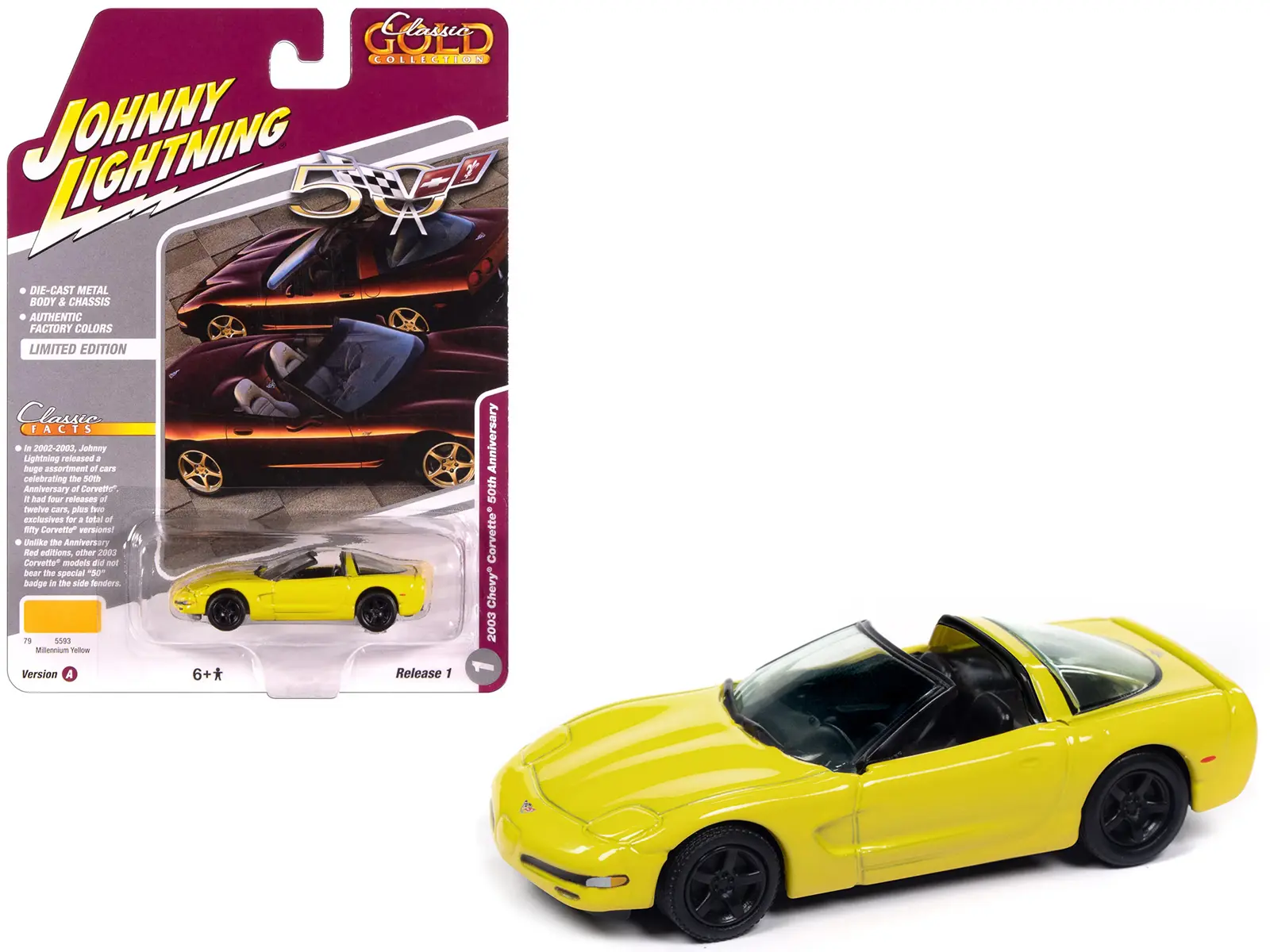 2003 Chevrolet Corvette Convertible "50th Anniversary" Millennium Yellow 1/64 Diecast Model Car by Johnny Lightning