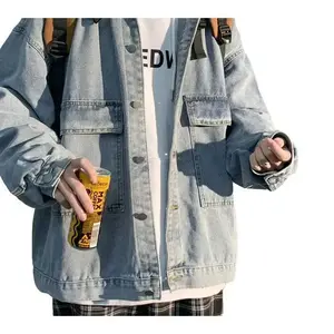 American High Street Denim Jacket for Men Vintage Workwear Coat with Oversized Utility Pockets Minimalist Loose Fit Autumn Jacket
