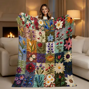 Vintage Patchwork Floral Flannel Blanket - Cottagecore Garden Art Throw, Soft Cozy Quilted Bedding, Aesthetic Home Decor Gift for Mom