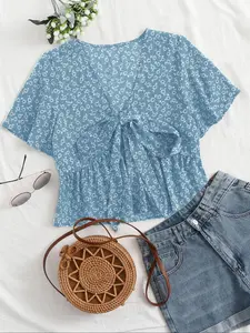 Women's Short Sleeve V-Neck Printed Blouse, Elegant Casual Slim Fit Tie Summer Valentine's Day Top, Floral Pattern Dress Shirt Suitable for Spring and Summer Wear, Beach, Bohemian Style