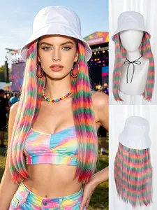 Bucket Hat with Long Wig, Multicolor Rainbow Striped Synthetic Wig Hat Combo, Festive & Casual Accessory for Women