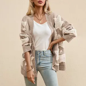 Khaki Sherpa Star Pattern Textured Sweater Cardigan with Pockets
