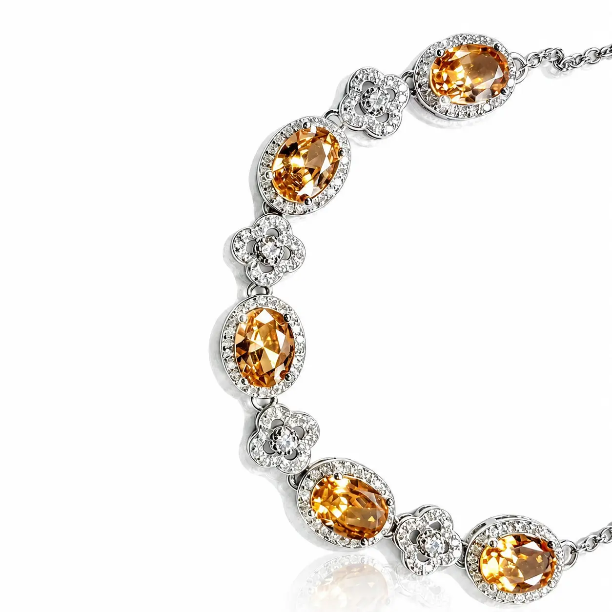 Vintage 4-Leaf Clover Charm Bracelet with Citrine and Pearl, Elegant Timeless Fashion Costume Jewelry for Women, December Birthstone, Radiant Glow, Casual, Engagement Wear, Four-Leaf Motif