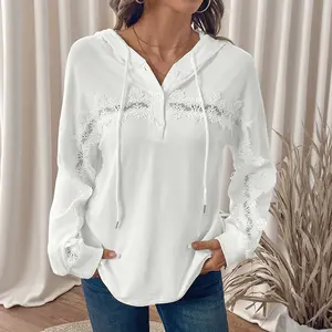 Woman's White Lace Splicing Hoodie, Soft Breathable Knit, Comfy Loose Fit, Half Placket, Adjustable Drawstring, Drop Shoulder, Fade Resistant, No Deformation, Spring Autumn Top, For Campus Commute Date Picnic, Match Jeans Leggings Skirts