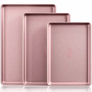 Diamond-Texture Baking Sheet Pan Set, Non-Stick Cookie Sheets, Teflon-Free Heavy Duty Bakeware - 3 Sizes, Baker, Pink Kitchenware Cooking