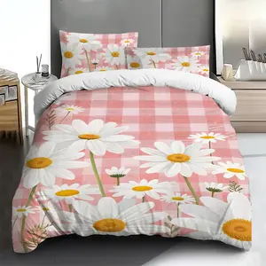 Bedding set - 2PCS/3PCS 2D Flat Printing Pink Gingham Daisy Patterned duvet cover set (1 duvet cover + 1/2 pillowcases, no filling), multi-color printed bedding set, soft and comfortable, suitable for family bedrooms and guest rooms.