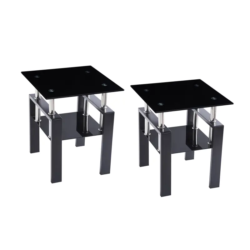 2-Piece Tempered Glass Indoor Furniture Set - 17.7x17.7" Square Geometric Sofa Table, Rectangular Waterfall Edge End Tables with Metal Legs, Modern, Easy Setup, Disassembly Tools Included for Living Room
