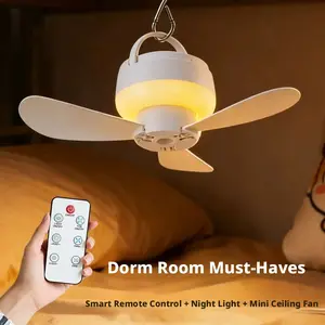 Smart Wall-Mounted Night Light, Remote Control USB Fan, No Drilling Required, Mini Ceiling Fan for Dorms, Outdoor Camping, Bathroom