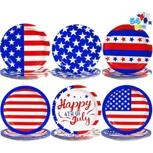 54 Pcs July 4th Paper Plates, 9" Patriotic Disposable Plates with 6 Themed Designs, Red White Blue American Flag Party Supplies, 4th of July Independence Day Party Tableware Decoration Supply